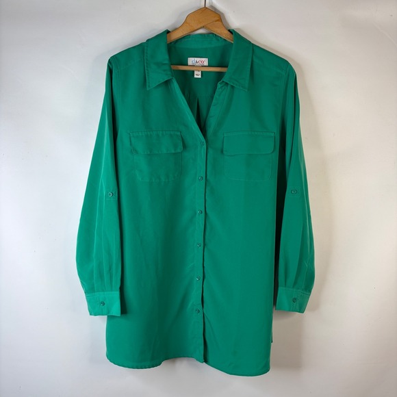 Denim & Co. Tops - Denim & Co Button Up Tunic Women 1X Green Roll Tab Sleeve Pocket Longline